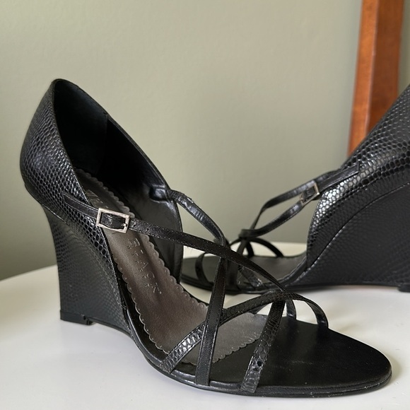 WHBM Heeled Sandals Embossed Leather Strappy Open Toe Wedges Side Buckle - Picture 1 of 14